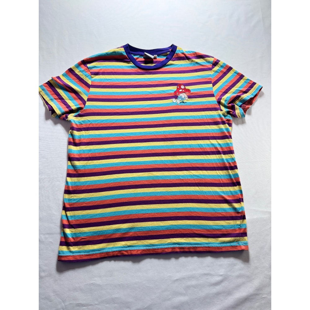 The Smurfs Mens Medium Multi Color Striped Mushroom Embroidered T-Shirt 80s Tee